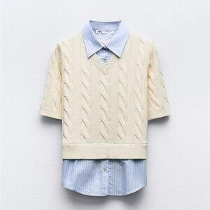 Zara Cream Cable-Knit Short Sleeve V-Neck Sweater